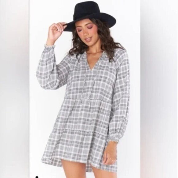 NWT Show Me Your MuMu Long Sleeve Plaid Mini Birdie Dress Size Large - Picture 2 of 13